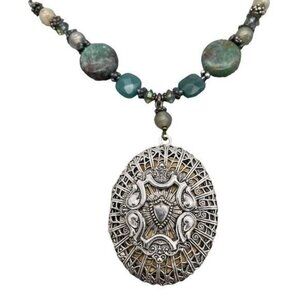 925 Floral Engraved Filigree Photo Locket Pendant Beaded Stone Chain Necklace